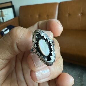 Native American Sterling Silver Box Ring Mother of pearl stamped cP
